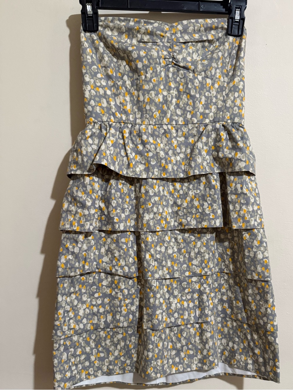Juniors Tiered Ruffle Dress in Gray with Yellow Dot Print